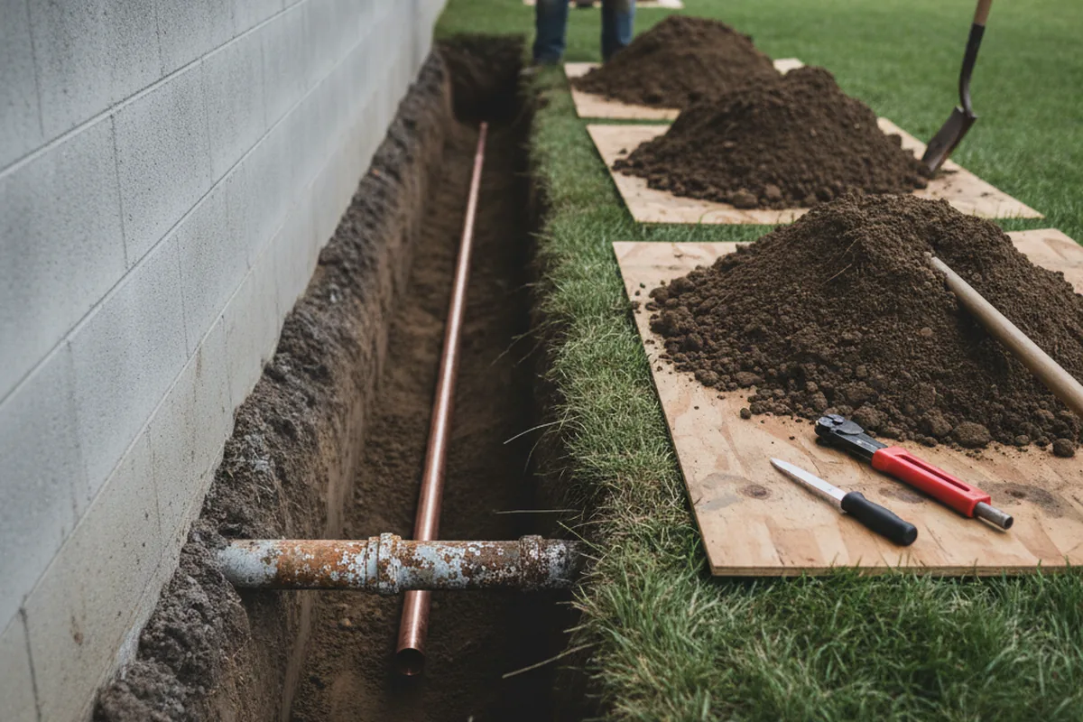 Excavated water line trench during Water Softener Installation in Lancaster